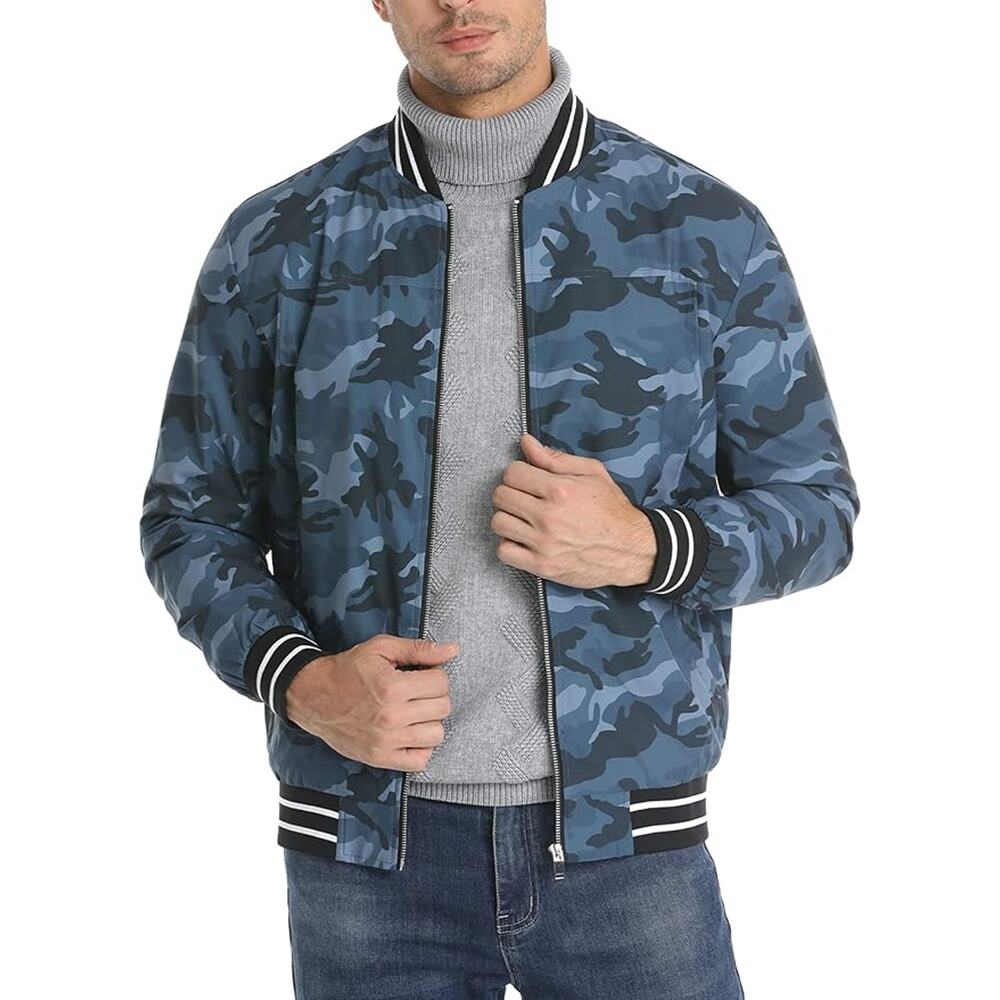 Magcomsen Bomber Jacket Blue Camo‎ Windbreaker Striped Trim Full Zip Sz XL Men's